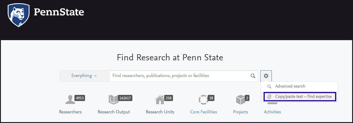 A screenshot of Pure's copy/paste text to find expertise search is seen in December 2017. The Penn State logo appears at the top left on a black background, and a search box with filtering options appears below on white. A menu indicated by a gear icon is expanded, and the option to copy/paste text is highlighted with a blue border.