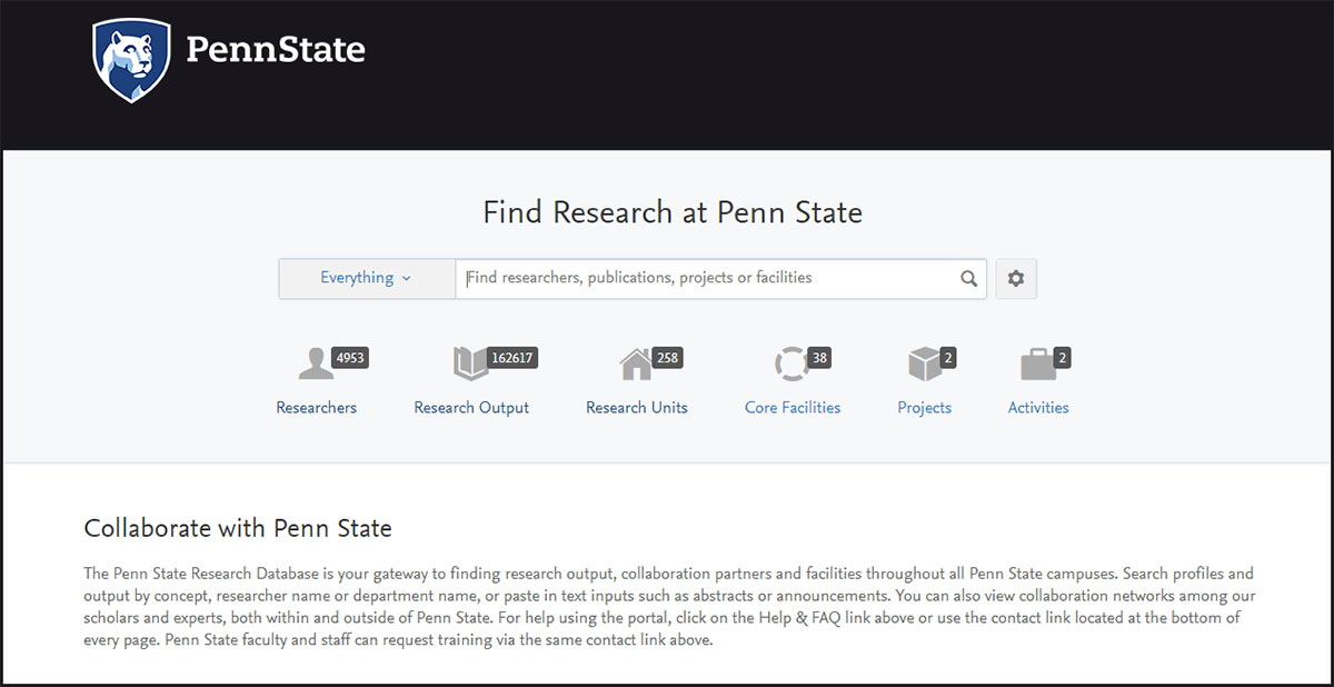 A screenshot of the Penn State Research Portal (Pure) is seen in December 2017. The Penn State logo appears at the top left on a black background. Below it, a search box and ways to filter information appear on a white background, with a general summary of the system below.