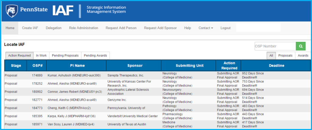 A screenshot of the IAF home screen for Penn State College of Medicine shows a list of existing IAFs.