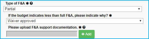 A screenshot of Penn State College of Medicine's IAF tool shows Waiver approved selected as the reason for less than full F&A and then shows an upload field for supporting documentation.