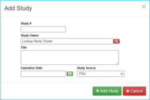 A screenshot of Penn State College of Medicine's IAF form shows the Add Study screen for the Radiation/Lab Safety tab.