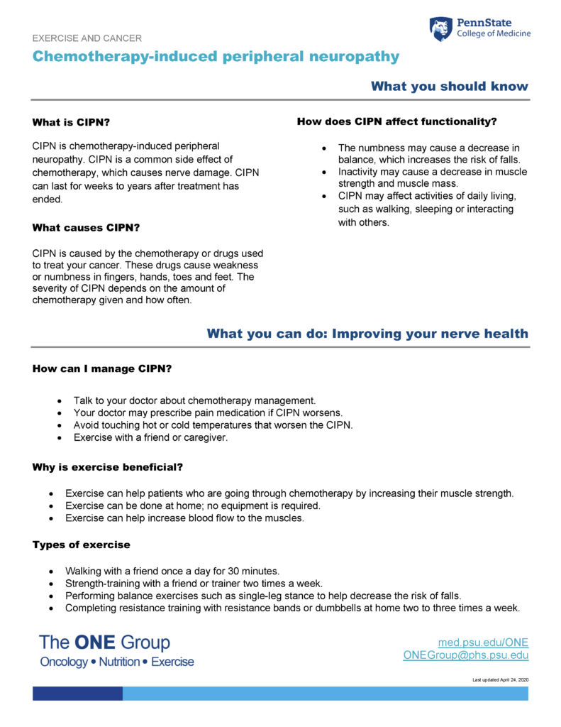 The chemotherapy-induced peripheral neuropathy guide from The ONE Group includes the information on this page, formatted for print.