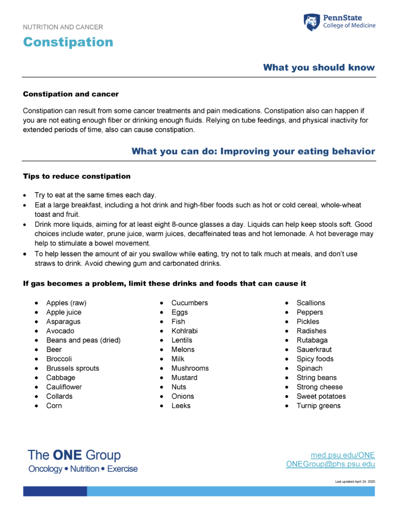 The constipation guide from The ONE Group includes the information on this page, formatted for print.