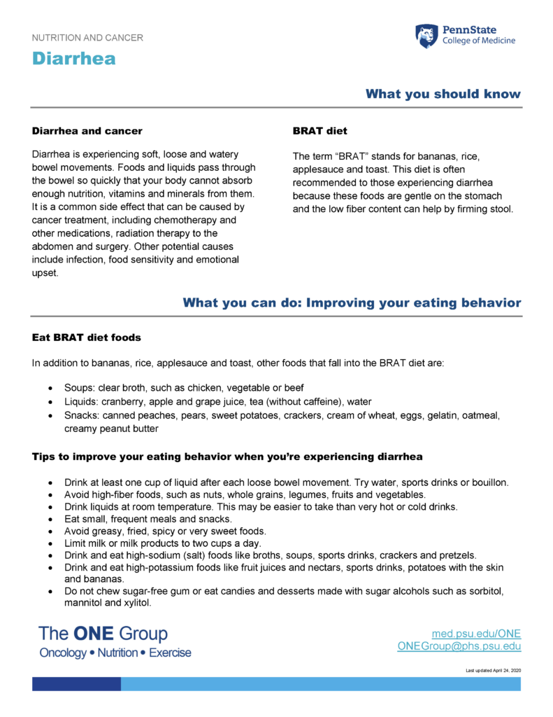 The diarrhea guide from The ONE Group includes the information on this page, formatted for print.