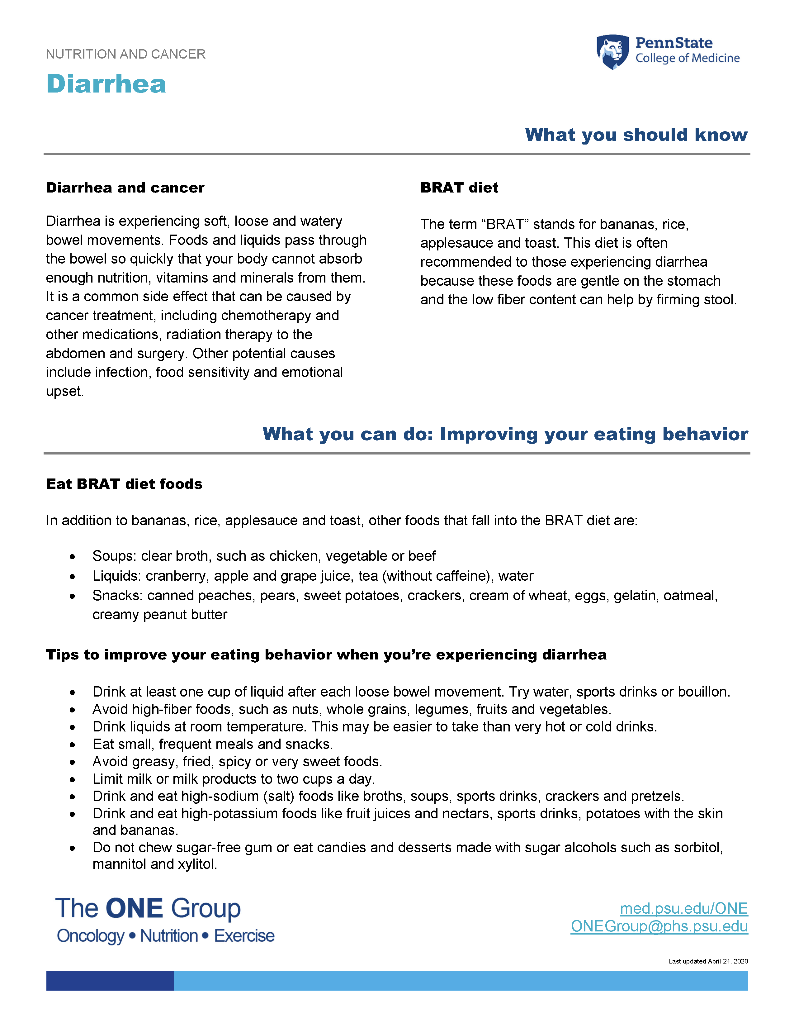 The diarrhea guide from The ONE Group includes the information on this page, formatted for print.