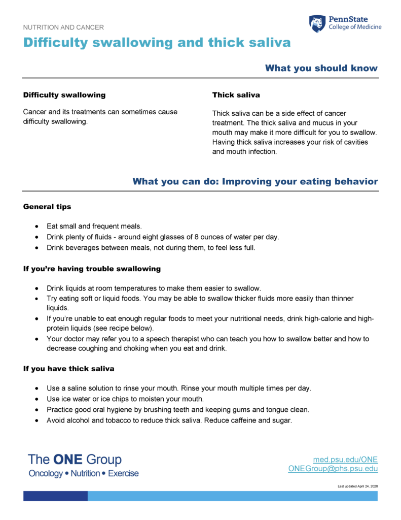 The difficulty swallowing and thick saliva guide from The ONE Group includes the information on this page, formatted for print.