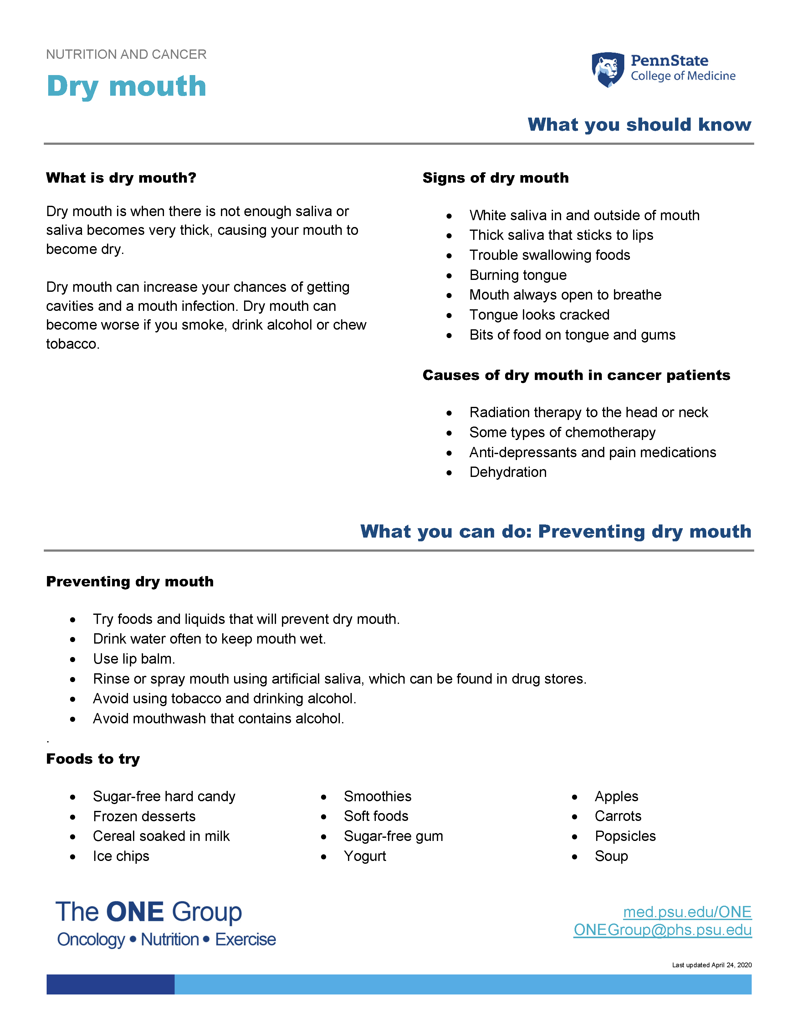 The dry mouth guide from The ONE Group includes the information on this page, formatted for print.