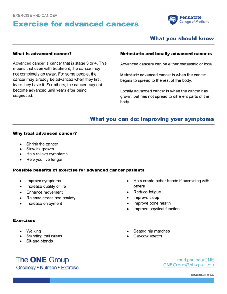 The exercise for advanced cancers guide from The ONE Group includes the information on this page, formatted for print.