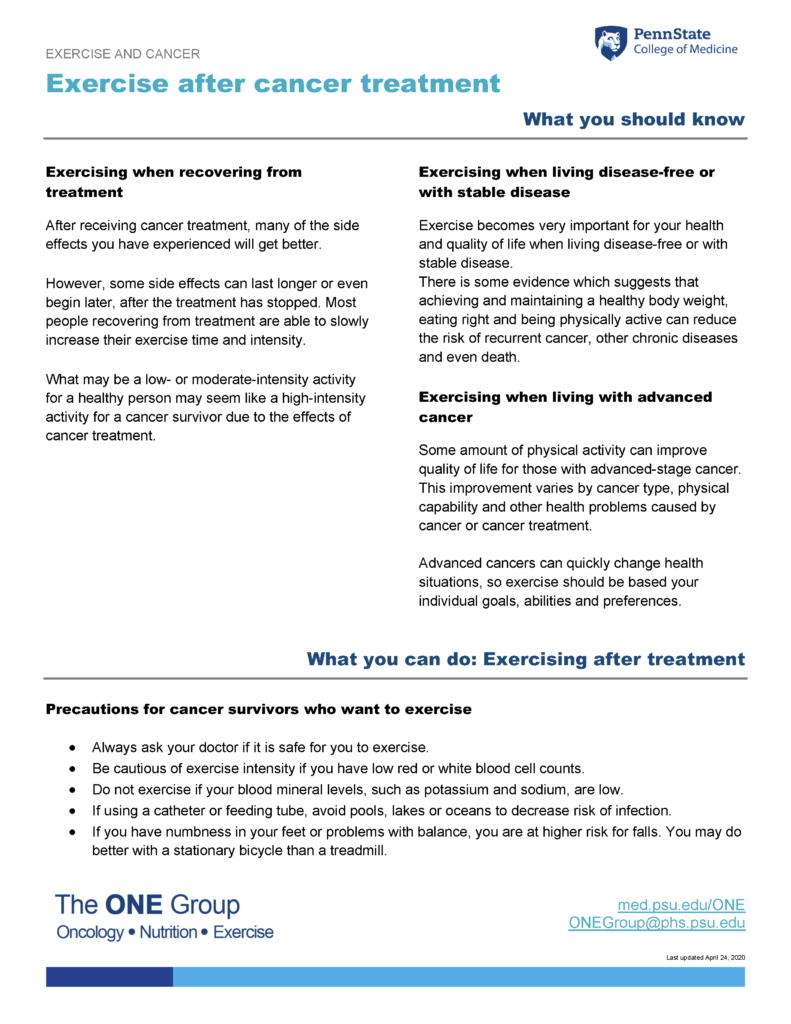 The exercise after cancer treatment guide from The ONE Group includes the information on this page, formatted for print.