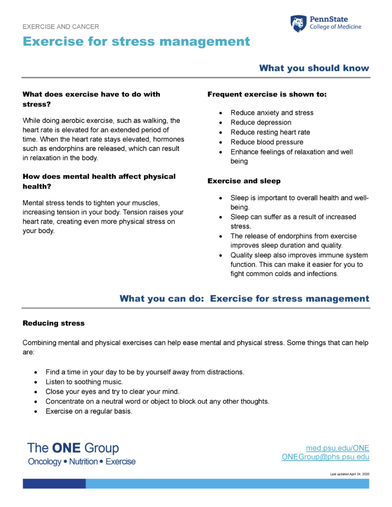 The exercise for stress management guide from The ONE Group includes the information on this page, formatted for print.