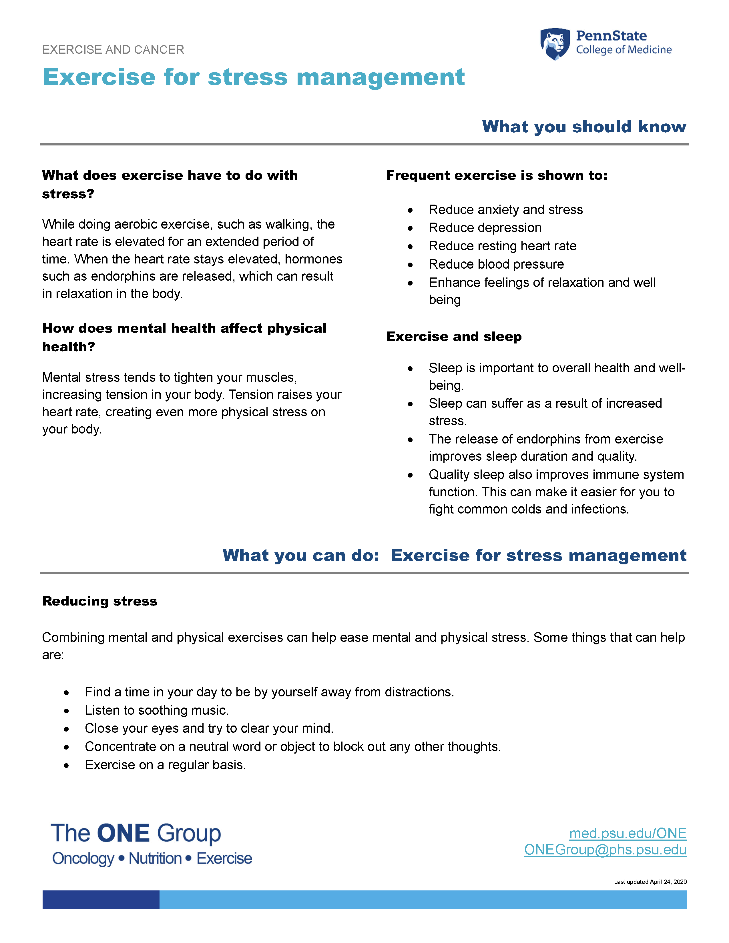 The exercise for stress management guide from The ONE Group includes the information on this page, formatted for print.
