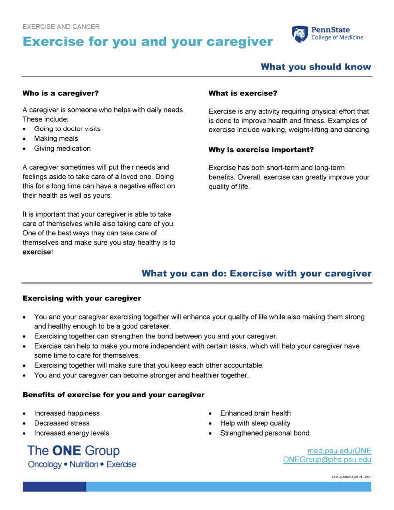 The exercise for you and your caregiver guide from The ONE Group includes the information on this page, formatted for print.