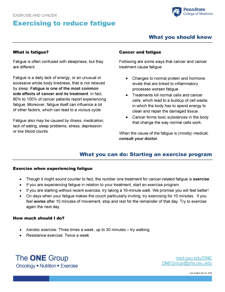 The exercising to reduce fatigue guide from The ONE Group includes the information on this page, formatted for print.