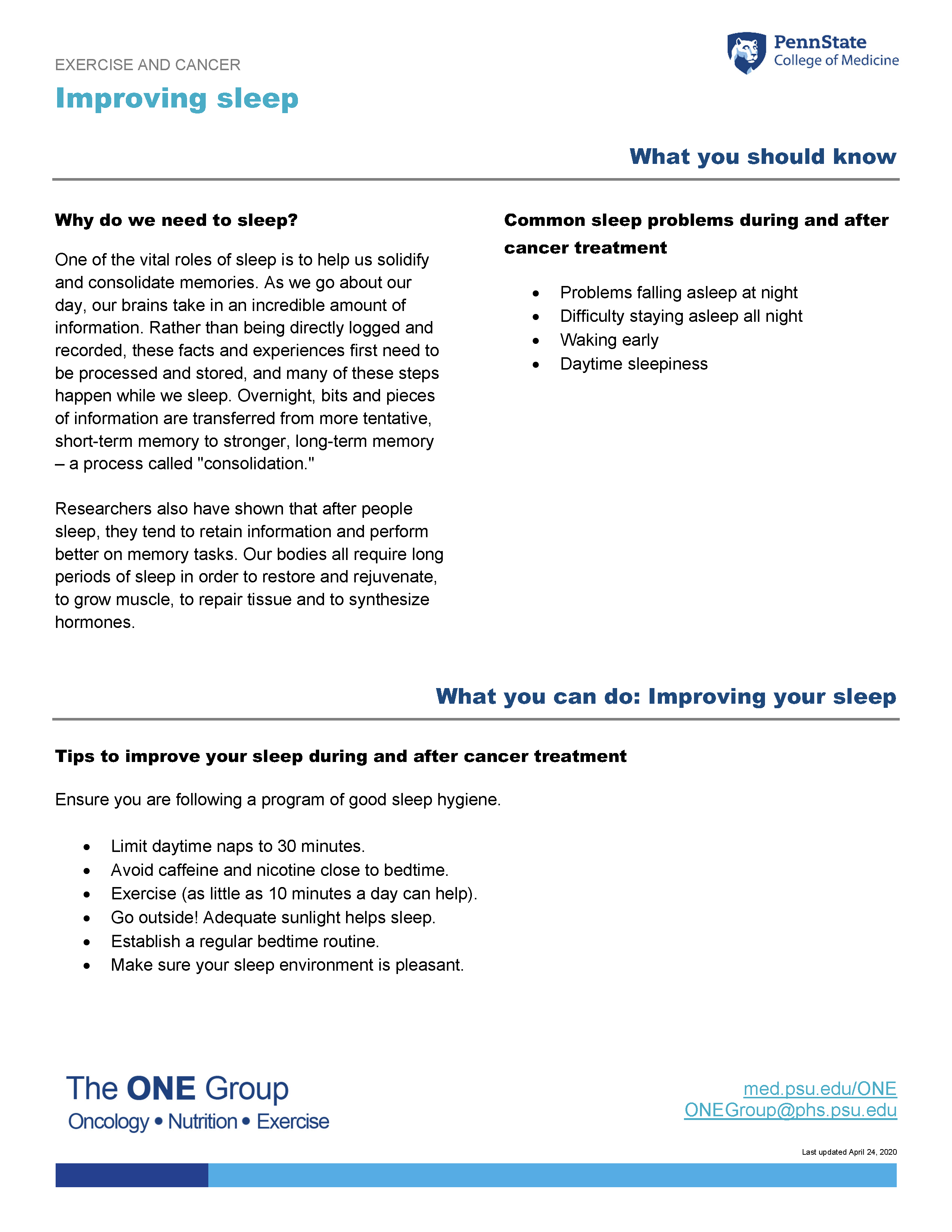The improving sleep guide from The ONE Group includes the information on this page, formatted for print.