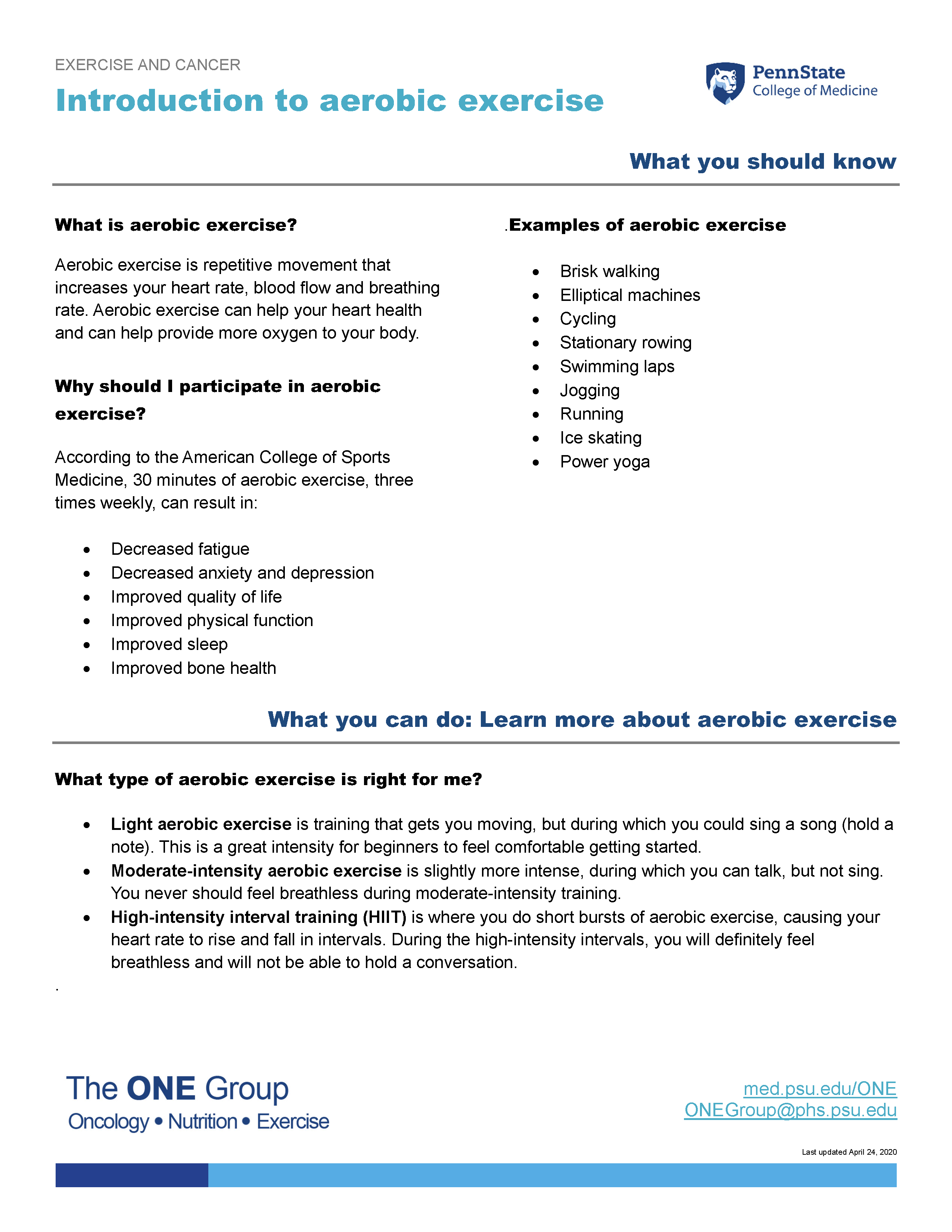 The introduction to aerobic exercise guide from The ONE Group includes the information on this page, formatted for print.