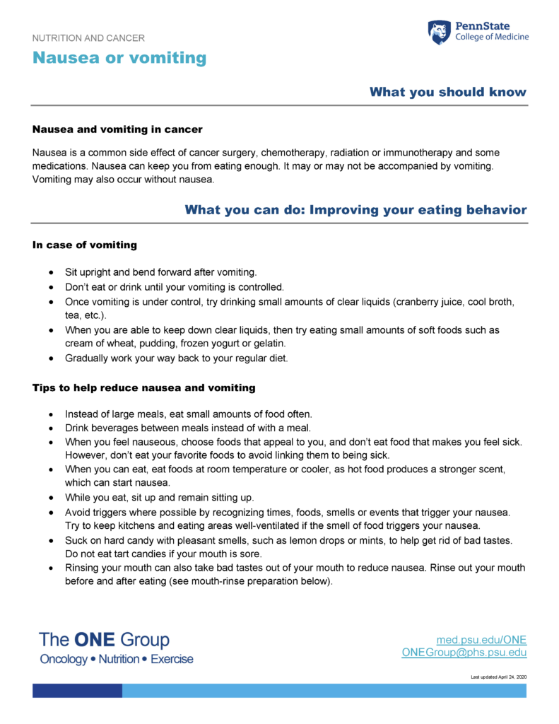 The nausea or vomiting guide from The ONE Group includes the information on this page, formatted for print.
