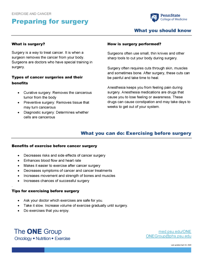 The preparing for surgery guide from The ONE Group includes the information on this page, formatted for print.