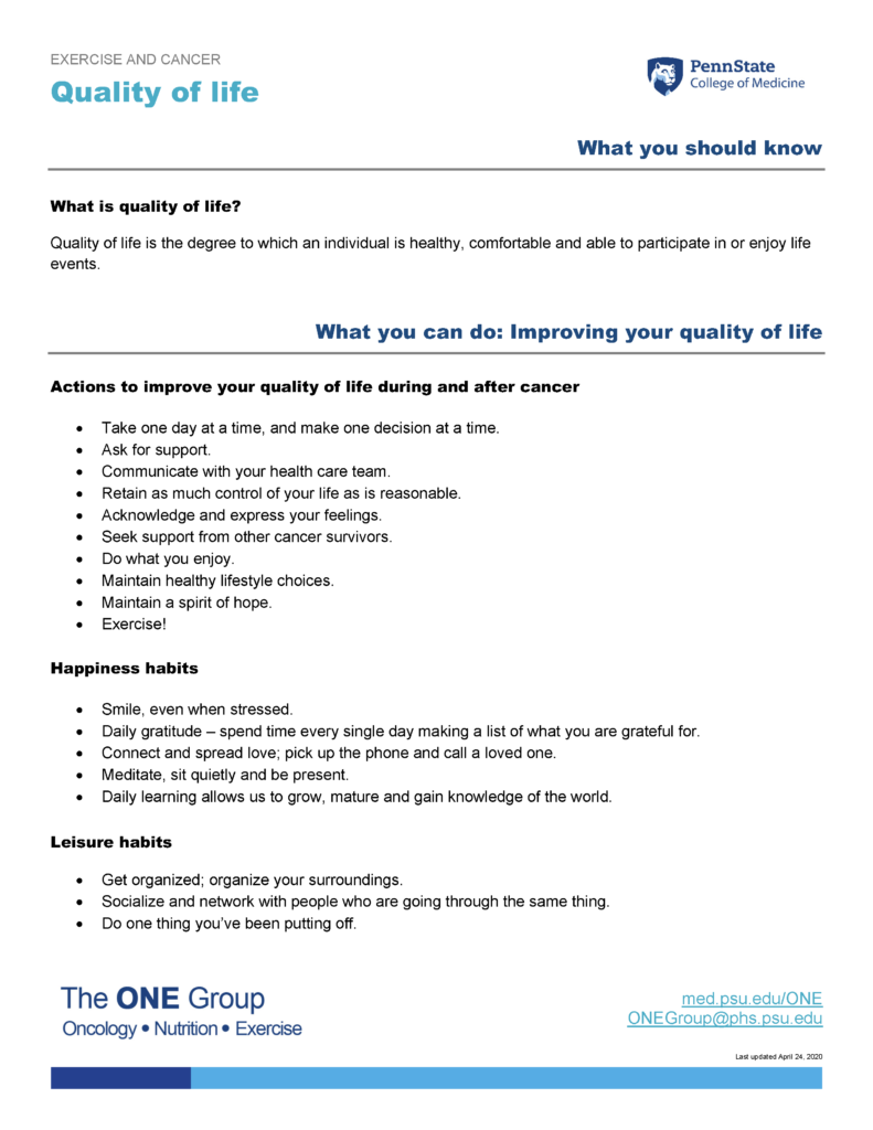 The quality of life guide from The ONE Group includes the information on this page, formatted for print.