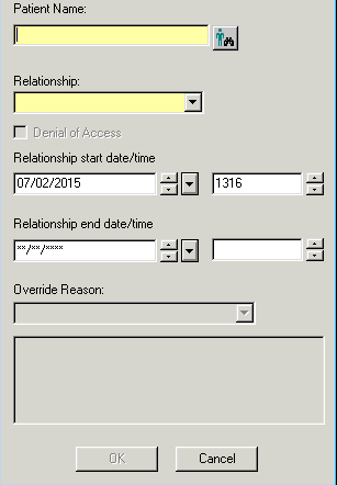 A screenshot shows a step in the Cerner Relationship Management Tool relationship-adding process. A patient name search box is shown.