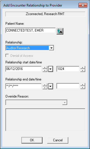 A screenshot shows a step in the Cerner Relationship Management Tool relationship-adding process. A popup box is shown.