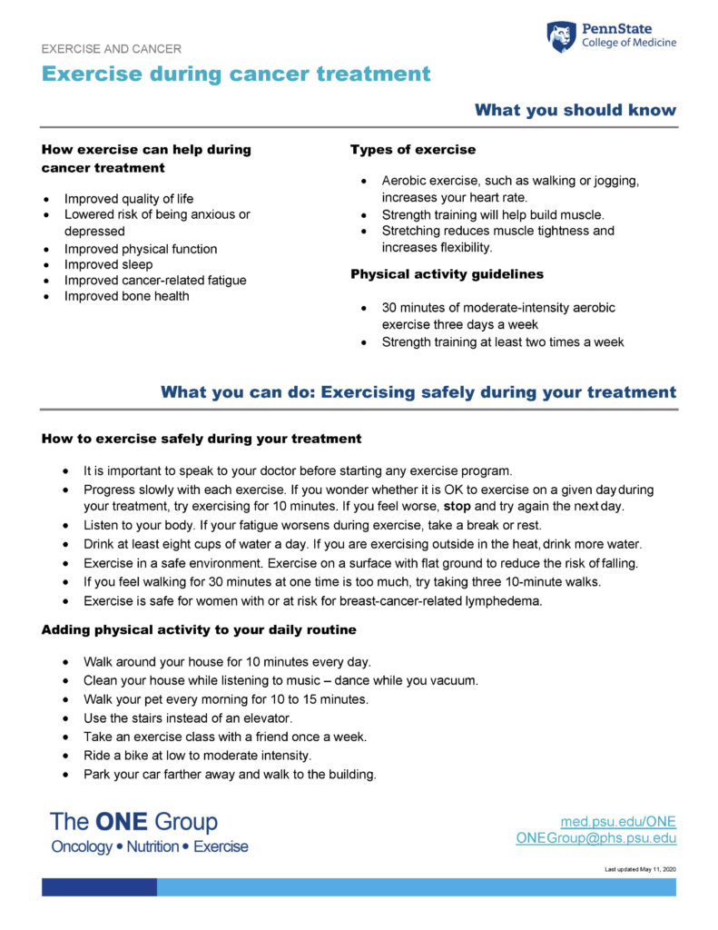 The exercise during cancer treatment guide from The ONE Group includes the information on this page, formatted for print.