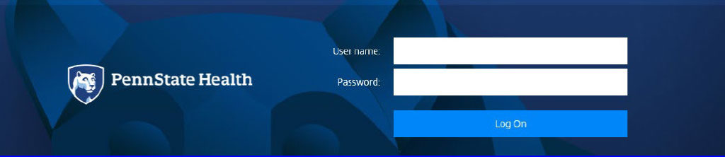 A screenshot shows the Penn State Health remote access portal login screen with the institution's logo, name and password fields and a login button.