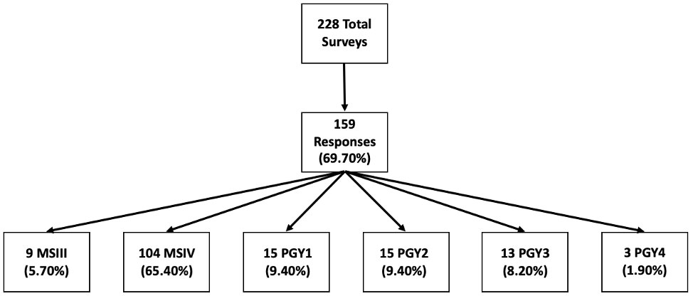 A flowchart shows 228 total surveys, with a line downward to 159 responses, then six lines down from that noting how many respondents were from each year of medical school or residency/fellowship training.