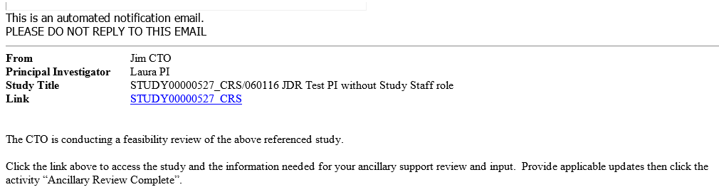 A screenshot of an email indicating that a study is ready for ancillary review in the STAR system.