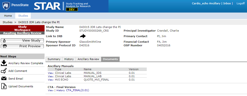 A screenshot from the STAR system shows the Study Workspace section at left, the Documents tab toward the middle of the page, and the Ancillary Review Complete button under Next Steps.