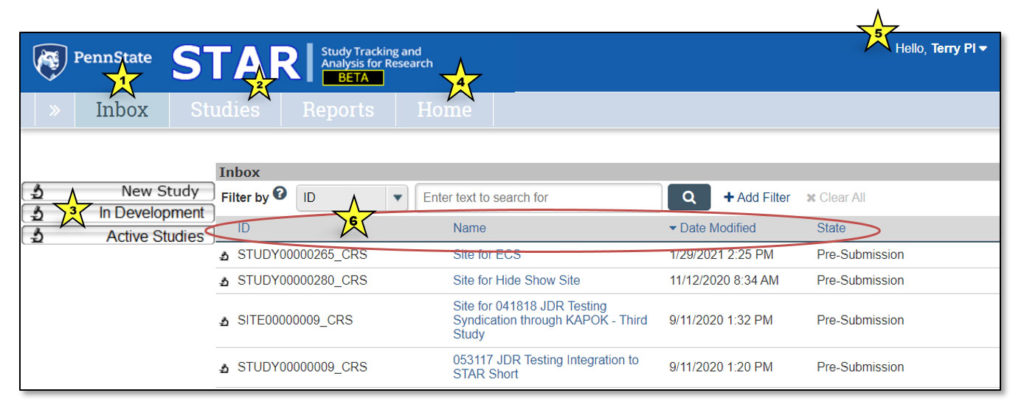 A screenshot of the STAR inbox includes colored stars with numbers. Star 1 is at the top left in the menu bar. Star 2 is to the right of that. Star 3 is in a menu at left below. Star 4 is to the right of the top menu bar. Star 5 is in the very top right of the page. Star 6 is in the body of the page.