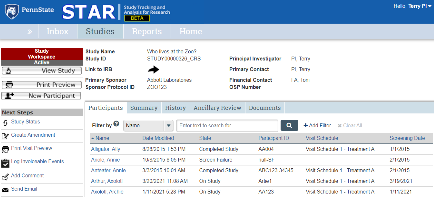 A screenshot of the STAR study workspace with the first tab, Participants, selected.