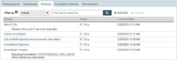 A screenshot of the STAR study workspace with the third tab, History, selected.