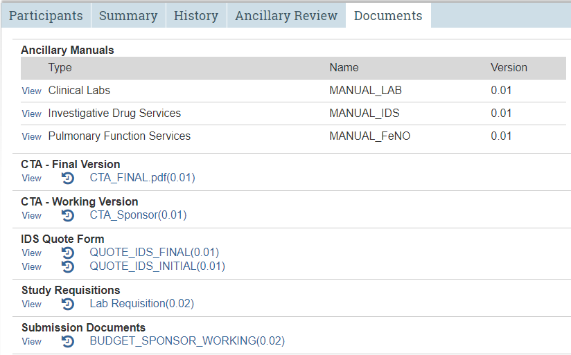 A screenshot of the STAR study workspace with the fifth tab, Documents, selected.