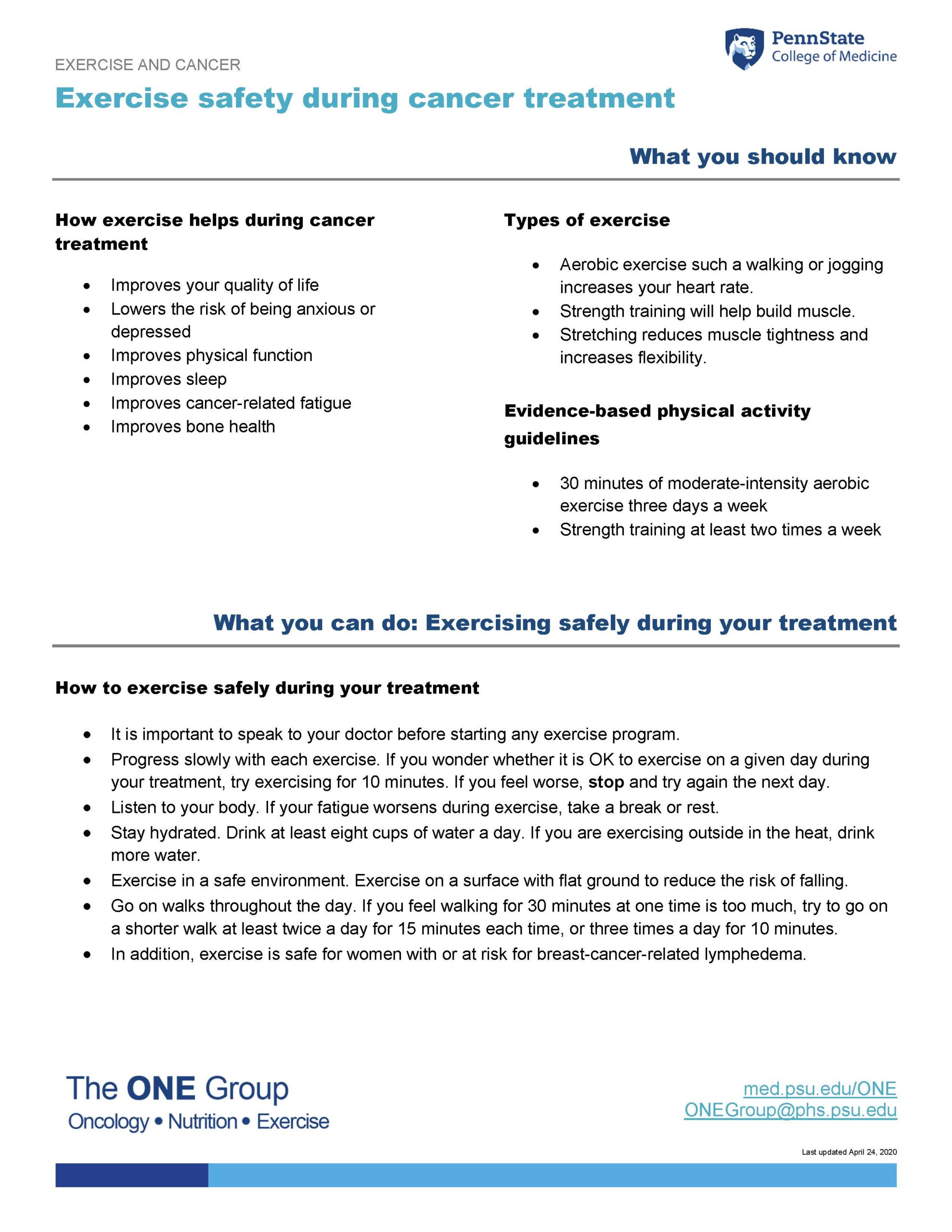 The exercise safety during cancer treatment guide from The ONE Group includes the information on this page, formatted for print.