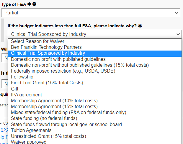A screenshot of Penn State College of Medicine's IAF tool shows a dropdown listing reasons why a budget might indicate less than full F&A.