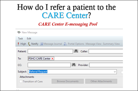 Screenshot of sending a referral request to PSHCI CARE Center using e-messaging