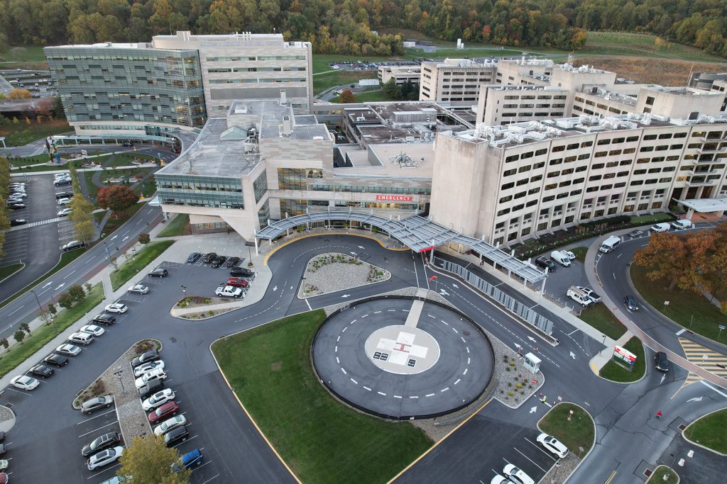 An aerial view of the campus of Penn State College of Medicine and Penn State Health Milton S. Hershey Medical Center.