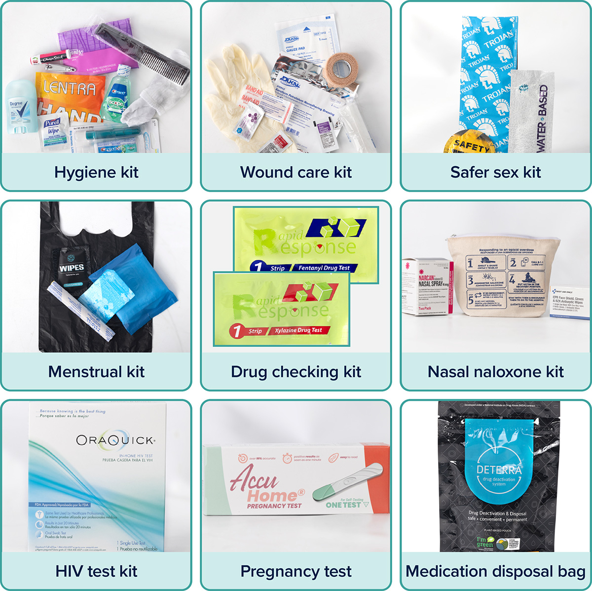 Product images of a hygiene kit, would care kit, safer sex kit, menstrual kit, drug checking kit, nasal naloxone kit, HIV test kit, pregnancy test and medication disposal bag.