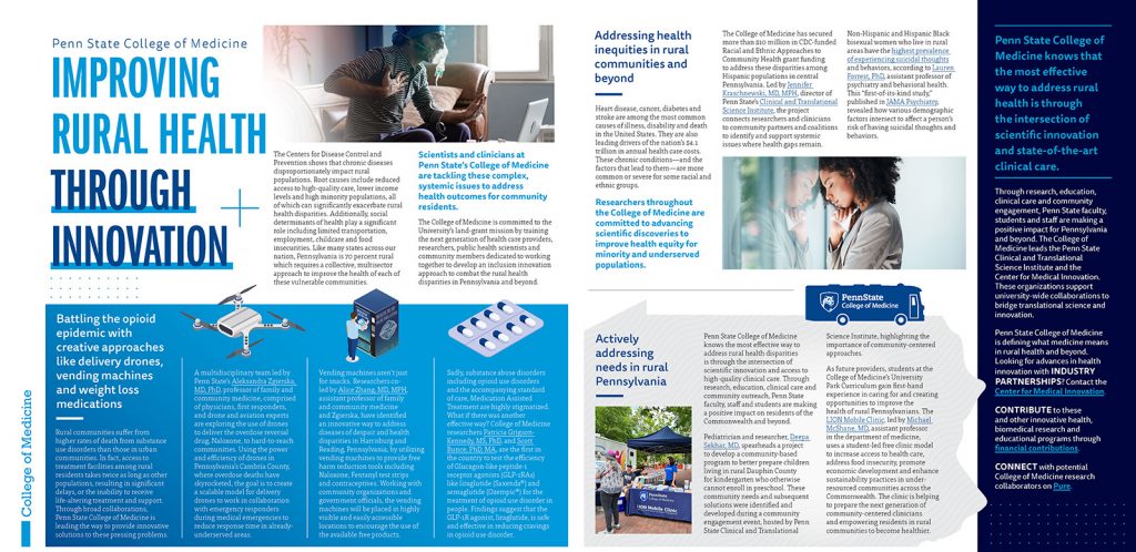 A thumbnail image of a two-page magazine spread on rural health research at Penn State College of Medicine