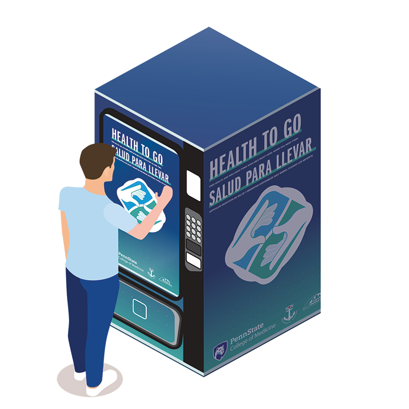 Illustration of a man using a vending machine that says Health To Go on it